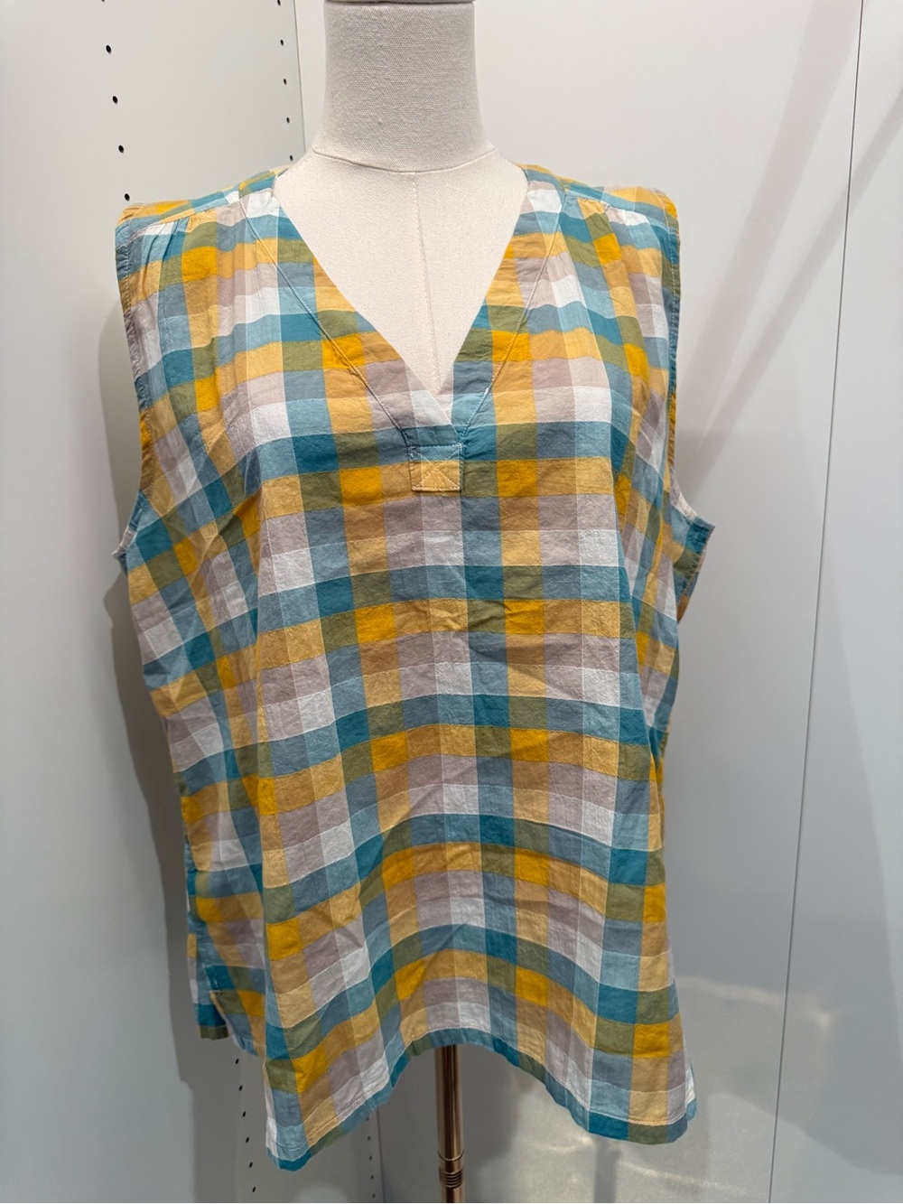 Eddie Bauer Yellow, Teal & White Plaid Sleeveless Dress